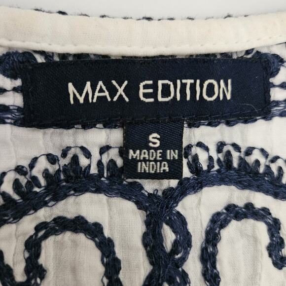 Max Edition Boho Peasant Style Blouse S Ivory Blue Embroidery Lg Beaded Pom Tie - Picture 9 of 11